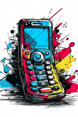 A brightly colored, plastic flip phone with a scratched and chipped exterior is held open, revealing a blurry photo of a concert mosh pit on the screen. Style: Grunge, Mood: Rebellious, Lighting: Harsh stage lights in the background, T-shirt design graphic, vector, contour, white background.