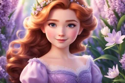 Amidst pink and purple hyacinth flowers so sweet, A girl with auburn hair and a dress so neat, Elsa-like, she enchants with every move and stare, A true beauty of spring, with a regal air. front view, Elsa's face, digital art, high quality, 4k