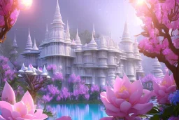 a magical crystal flower lys bougainvillier, blue gold house indian palace castle in the woods, magnolias pink,blue lake,sun,white swanns,pink vertical, blue lake,sharp, vines, candlelit, endor, ornate, elegant, highly detailed, artstation, concept art, smooth, sharp focus, illustration, 8k, splash art, wallpaper, key visual