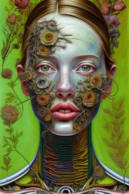 an abstract painting of flowers, by lucian freud and klimpt, rust, scaffolding, iron cladding, decay, mixed media, textured, anatomically correct, beautiful woman perfect face, green eyes, aviator sunglasses, sharp focus, highly detailed. desolate background. the royal tenenbaums