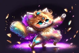 a cute fluffy chibi cat dancer in metallic silky shined colourful dress dynamically dancing and throwing up shiny metallic glitters