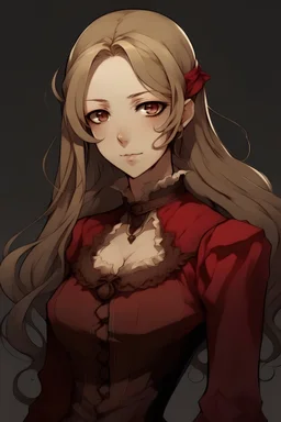 Personaje de anime femenina, con cabello rubio y largo, vestido de epoca victoriana rojo oscuro. rostro delgado, mirada seria e imponente. ojos rasgados
