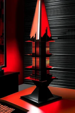 gaming table lamp inspired by shanghai tower buliding architecture futuristic-modern stlye. geometric form, red and black color scheme