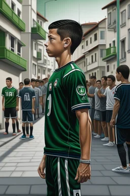 Cristiano Ronaldo, young boy, detailed, hyperrealistic, practicing his famous free kick stance in the streets of Madeira, Portugal. Spiky black hair, tall for his age, wearing a Sporting Lisbon jersey.