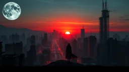 In a dystopian city at twilight, a mystic moon casts its silver glow onto the remnants of a once-thriving metropolis. Reflections of a crimson sunset dance in the shimmering, ethereal ether, as a solitary figure clad in black and red navigates the desolate streets, embodying the moody blend of hope and despair in a world forever altered by the nocturnal eclipse.