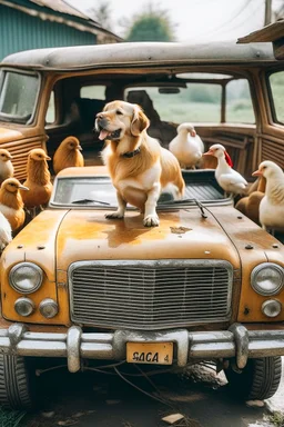 Perro en coche atropellando gallinas