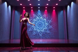 modern stage with gray-blue theme artistic decoration , color full dynamic lighting, a beautiful lady in modern maxy dark purple red dress with shining silver jwells dancing, 3D recursive fractal structure animating background