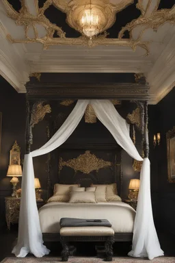 Beautiful ornate four post canopy bed in a dark colored bedroom, victorian, black and gold