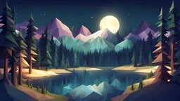 summer night, fir forest,lake, valley,moonlight,low poly