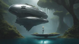 futuristic floating island suspended in the air, cities, fantasy, A woman with blond hair in a robotic silver catsuit, standing on the right of a partially submerged sleek crashed spaceship, on an alien beach, with towering alien trees, high details