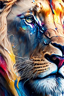 "lion", clean design, epic Instagram, art station, splash of colorful paint, contour, ((solid white background)), closeup, looking into camera, hyperdetailed intricately detailed, unreal engine, fantastical, cinema lighting, intricate detail, splash screen, complementary colors, fantasy concept art, 8k resolution, DeviantArt masterpiece, watercolor, paint dripping