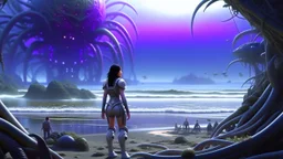 Detailed matte painting of a wide-angle shot of a woman, standing on the right side of an alien beach, with dark hair in a silver robotic catsuit, many large floating creatures with shells and long tentacles, alien jungle trees in the distance