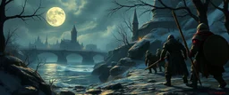 fantasy art, ,Orc raiders near the Moonbridge: A horn sounds from the Rauvin River's edge. A small warband of orcs, having bypassed the outer patrols, is spotted trying to sneak into the city. City guards rush to respond. interesting camera angle