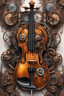 Ultra detailed runny oil painting of a steampunk violin, merged with an intricate steampunk contraption, made of shiny copper, rule of thirds, vivid, realistic colored, on a white background with some splatters