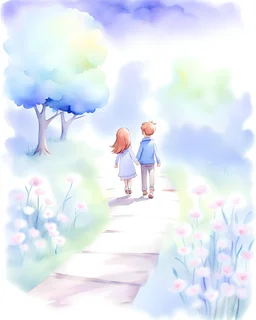 I miss you, friend, The Path of Love, the first of which, cartoon, watercolor.