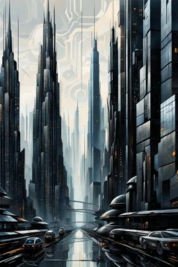 A neo-futurism digital painting that masterfully blends the boundaries between human and AI techonlogia. The futuristic cityscape is a captivating mosaic of high-tech skyscrapers, exuding a cyber-mecha etheral magnetic atmosphere. abstract symbols, circle, square shapes, metal lines, chips, circuits, Humans with robotic, androids and digital enhancements, seamlessly merging with the machines. fall, rise, birth of androids, high cyber walls, The artwork is expertly crafted with a textured