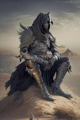 Arab warrior Full Body Full Armored Wearing Face Masculine Mysterious Powerful Fantasy High Quality with his bow black clothes Sitting on a hill