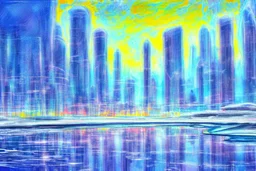 Science fiction city near frozen lake, impressionism painting