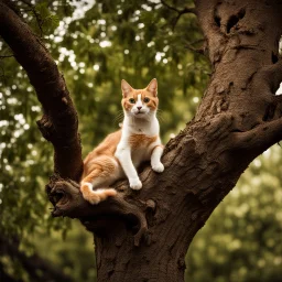 Photograph of a cat being a tree, asking a person who is eating a dog if there are people like him somewhere, by Minicavio Quollati