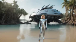 Middle-aged woman with blond hair in a robotic silver catsuit, standing on the right of a partially submerged sleek spaceship, on an alien beach, with alien trees