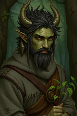 herbalist, half-orc, green-gray skin, adolescent, male, forest glade