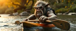 ancient ogre troll in kayak in stream