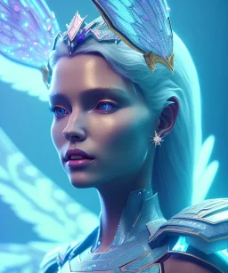 A crystalised queen, atmospheric, realistic, unreal engine, cinematic lighting, octane render. blue, pink, transparency, light, shine,bright, full body, transparent wings, blonde, long hair, nice smile