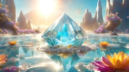 Photorealistic image (Masterpiece ) Crystal Hyperborea white metalic Starship Futuristic floating in the air, Spiritual world of crystals and gold, iridescent color, precious stones crystal gold, flowers , landscape of summer ambient beautiful turquoise sea, light soft sun, full of details, smooth, bright sunshine, soft light atmosphere, light effect, vaporwave colorful, concepte art, highly detailed, digital painting, smooth, sharp focus, extremely sharp detail