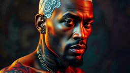 albino man with tattoo in the style of afrofuturism, wealthy portraiture, colorful, kimoicore, harlem renaissance, atmospheric, vibrant color washes