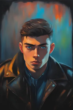 18-year-old Uli Han Rothenstein with crew-cut dark brown hair tapered on the sides, bangs over the forehead, goatee, bushy eyebrows, blue eyes, wearing a leather jacket - resembles Elvis Presley, pitch black background with an overhead spotlight effect, extremely colorful, oil painting by Frank Frazetta