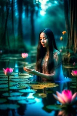 Beautiful princess Indonesia young lady touching a reflection of their in pretty, lotus pond, outer space glowing forest background, dark long wavy hair, cheerful fantasy, intricate details, hyper detailed