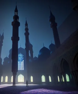 Islamic mosque deep colours in a dark setting background, post-apocalyptic , great pose,magnificent, majestic, highly intricate, Realistic photography, incredibly detailed, ultra high resolution, 8k, complex 3d render, cinema 4d.