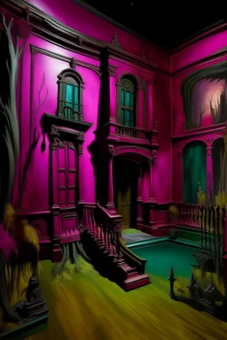 A purplish magenta haunted mansion with many rooms painted by Edgar Degas