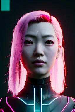 portrait, Asian cyborg woman :: symmetry photography, cyberpunk style, pink hair, makeup, line eye, light iris, :: black samurai armor, japanese traditional pattern, wires and circuits, pink, white, black :: cinematic, Ultra realistic, dark scene, soft color, highly detailed, unreal engine 5, RTX, ultra detail, 3d, finely drawn, high definition.