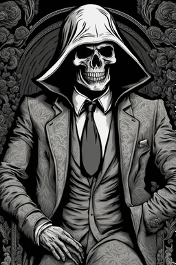 LINE TONE, WSJ STYLE, HEDCUT, ultra high image quality, Grim Reaper, WEARING A 3 PIECE SUIT, POSED FOR DOLLAR BILL PORTRAIT, , Close-up of an set against AMOLED-worthy pure black backdrop, fantasy art style infused with filter, tailored for vertical wallpaper, exclusive design with no duplicates, radiating beauty suitable for a PC screen image, vivid colors, ultra fine, digital painting, BASED ON THE UNITED STATES TREASURY NOTE ONE DOLLAR BILL