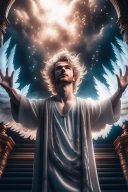 arms up towards heaven, hair standing straight up, fluffy clouds, intense eyes,looking upwards, white pupils, close facial portrait of the streetwise magician posing in elaborate cape, angels and demons, fireflies , staircase with closed gates of heaven, 4 k, down light, depth of field, trending art, high detail