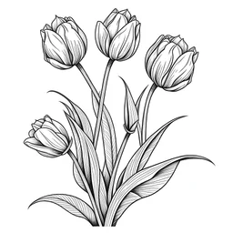 Tulip buds, Tulip flowers, delicate bouquet of flowers, white background, 2D, linear, black line