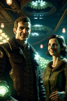 Nico Belic and woman in fallout 4 setting, bokeh, downlight, prize winning, depth of field, monster in background