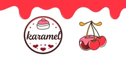 A round logo with a black, blue and pink border named (karamel) designed for a candy store with a red and pink gold color theme on a white background and using the symbols of cream, chocolate, birthday cake and some hanging cherries. Next to the logo in the design