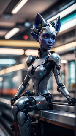 full body portrait of robotic dark elf panther drow princess chilling on top of a high speed train in the metro barber shop tool shed,bokeh like f/0.8, tilt-shift lens 8k, high detail, smooth render, down-light, unreal engine, prize winning