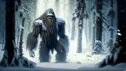 large humanoid hairy monster in the snowy forest