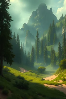 epic fantasy landscape that is green forest magically changes to desert