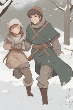 DnD style, two medieval peasant kids playing in the snow male and female, age 14 and 15, happy and playful