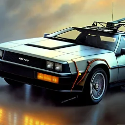 hyperrealism Drawing of '1981 DeLorean DMC-12' three quarter frontal aerial view, by gaston bussiere, greg rutkowski, yoji shinkawa, yoshitaka amano, tsutomu nihei, donato giancola, tim hildebrandt,oil on canvas, cinematic composition,Sharp detail,extreme detail,fit full head inside picture,16k