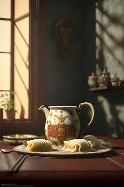 renaissance style still life composite, dish of Raviolis with cow meat, vine cup, olive oil. moisture, art, natural, ornaments, ceramic, marble, high kitchen, smooth, god rays, unreal engine 5, ray tracing, RTX, lumen lighting, ultra detail, volumetric lighting, 3d.