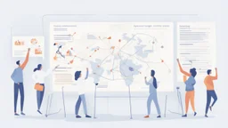 An image that conveys achieving success and skill development. The image depicts a group of individuals gathered in an inspiring teamwork session. They appear engaged in discussion and constructive exchange of ideas. In the background, a screen displays a chart or a conceptual map indicating various goals and pathways. Everyone appears enthusiastic and dedicated to collaborative work and continuous learning. The image reflects collaboration and a focus on achieving success through skill develop