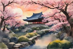 Peinture aquarelle de style ghibli, un jardin japonais avec des cerisiers en fleur, au coucher du soleil