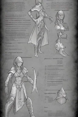 a female dragonborn inventor OC reference sheet, lightly armored