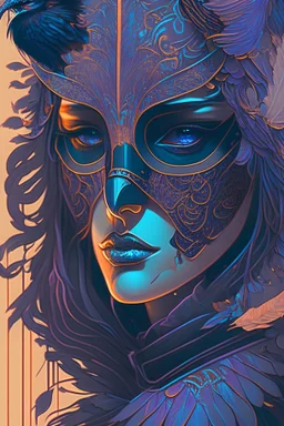 centered detailed portrait of a masked woman wearing a raven mask, vibrant peacock feathers, intricate, elegant, highly detailed, digital painting, artstation, smooth, sharp focus, illustration, illuminated lines, outrun, vaporware, intricate venetian patterns, cyberpunk darksynth, by audrey kawasaki and ilya kuvshinov and alphonse mucha Generate Similar