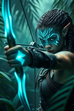 A fierce young female warrior in a mystical jungle, aiming a glowing futuristic bow and arrow, tribal warrior aesthetic, braided hair, intricate leather armor with metallic accents, luminous cyan tribal markings on face and body, intense focused expression, cinematic lighting, magical neon energy radiating from the bow, soft volumetric light filtering through dense jungle foliage, ultra-detailed textures, fantasy adventure style, inspired by Avatar and Tomb Raider, dark emerald green and teal co